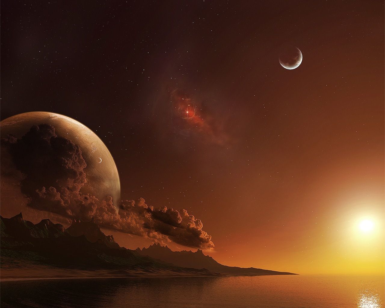 Image de l'espace au dessu de la mer et des montagnes